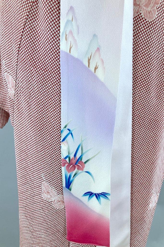 Vintage Ivory &amp; Maroon Red Butterflies Silk Kimono-ThisBlueBird