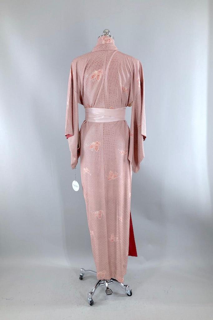 Vintage Ivory &amp; Maroon Red Butterflies Silk Kimono-ThisBlueBird