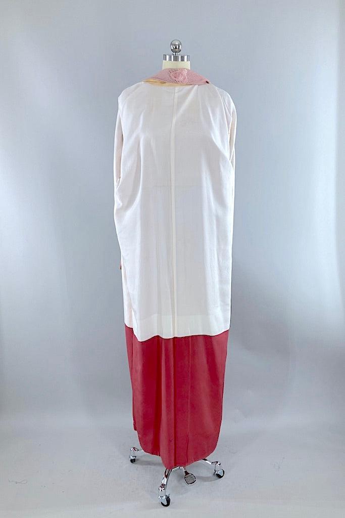 Vintage Ivory &amp; Maroon Red Butterflies Silk Kimono-ThisBlueBird