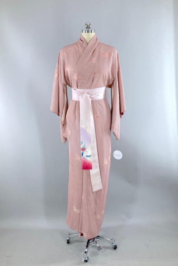 Vintage Ivory & Maroon Red Butterflies Silk Kimono-ThisBlueBird