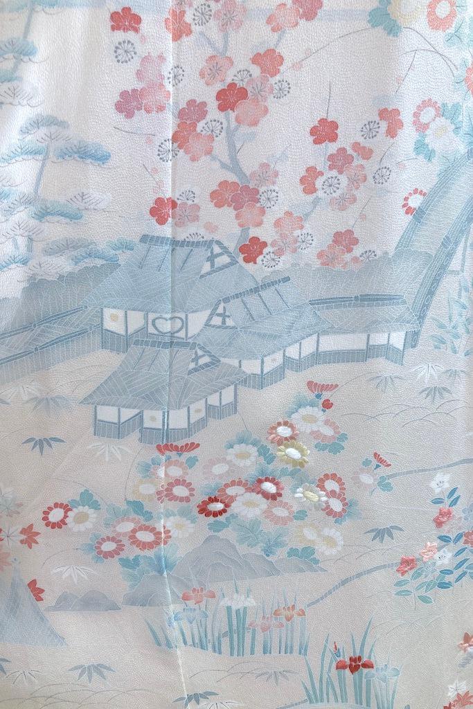 Vintage Ivory & Pink Pagodas Silk Kimono-ThisBlueBird