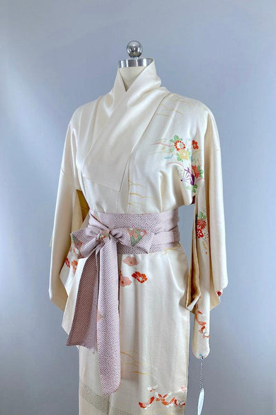 Vintage Ivory & Purple Butterflies Silk Kimono-ThisBlueBird