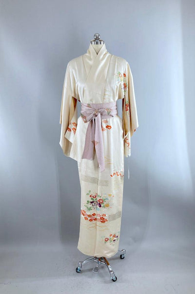 Vintage Ivory & Purple Butterflies Silk Kimono-ThisBlueBird