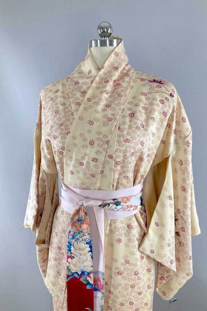 Vintage Ivory Purple Floral Silk Kimono-ThisBlueBird