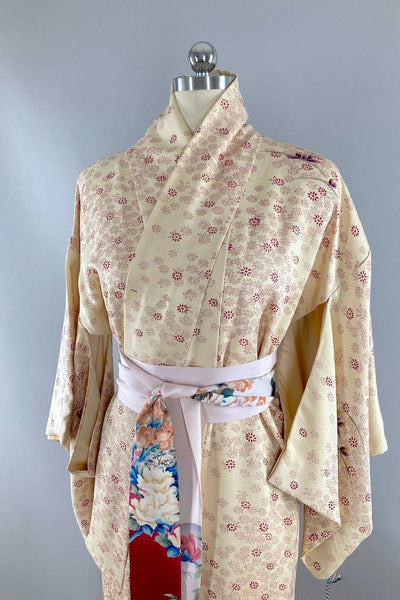 Vintage Ivory Purple Floral Silk Kimono-ThisBlueBird