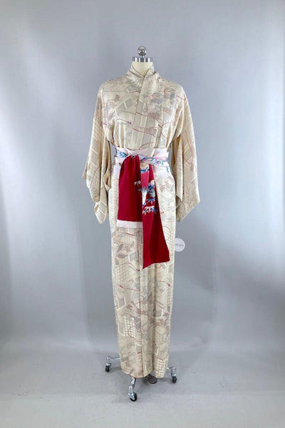 Vintage Ivory Windows Silk Kimono-ThisBlueBird