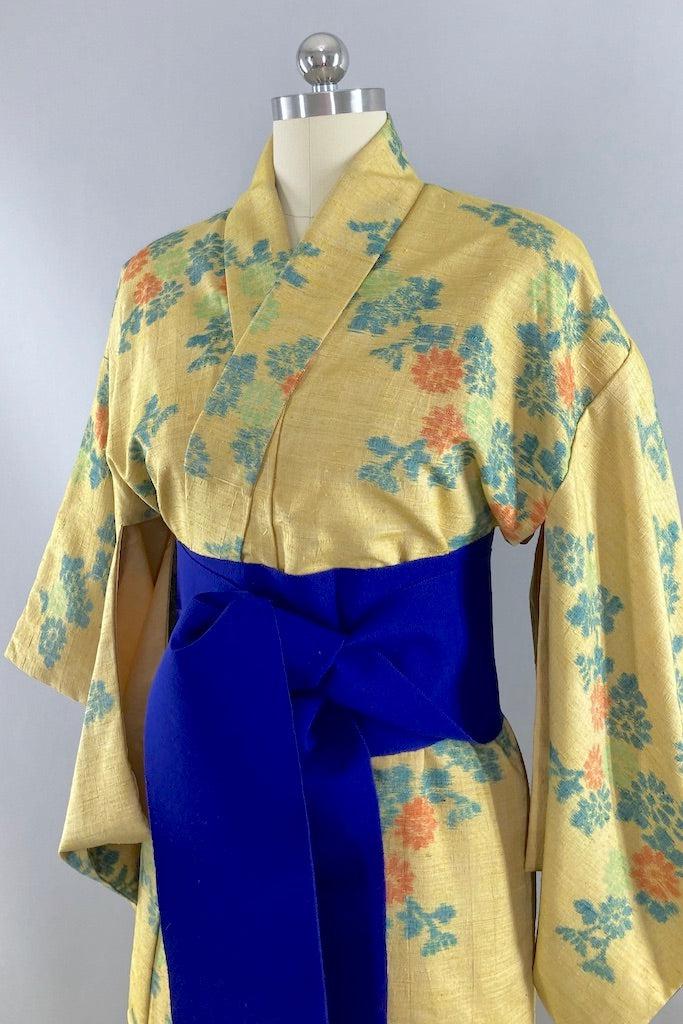Vintage Mustard Yellow Floral Raw Silk Kimono-ThisBlueBird