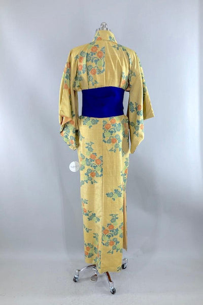 Vintage Mustard Yellow Floral Raw Silk Kimono-ThisBlueBird