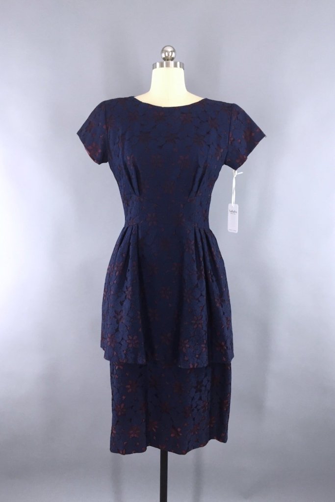 Vintage Navy Blue Lace Peplum Dress-ThisBlueBird