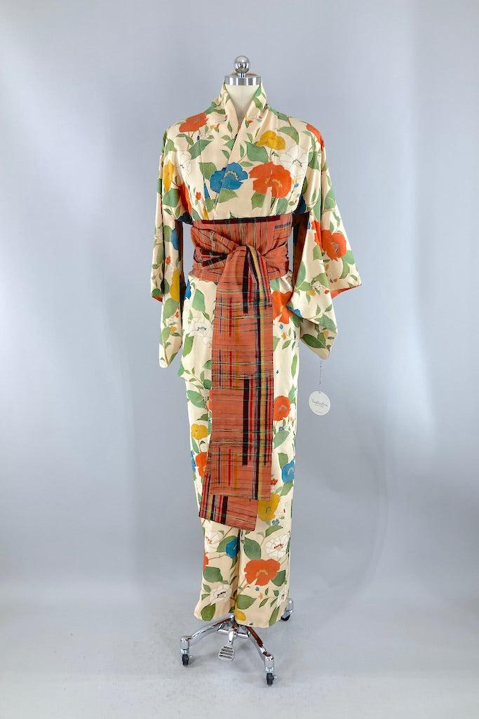 Vintage Orange Floral Silk Kimono-ThisBlueBird