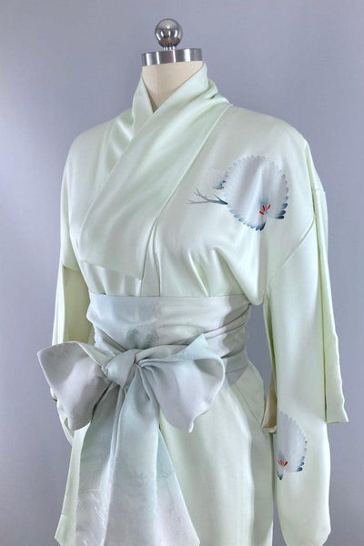 Vintage Pale Green Floral Silk Kimono-ThisBlueBird