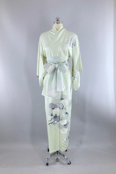Vintage Pale Green Floral Silk Kimono-ThisBlueBird