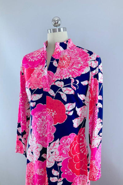 Vintage Pink & Navy Floral Caftan Dress-ThisBlueBird