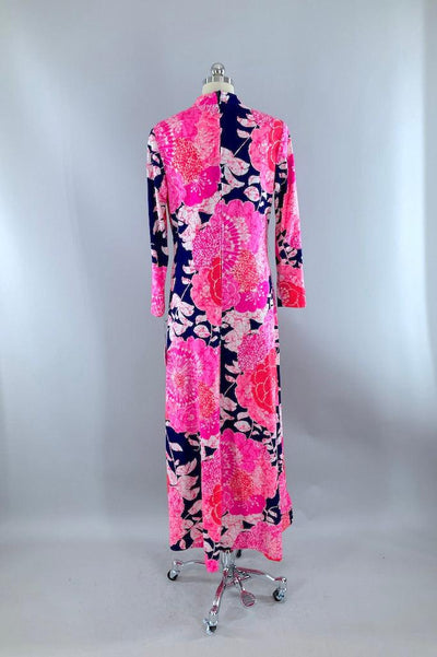 Vintage Pink & Navy Floral Caftan Dress-ThisBlueBird
