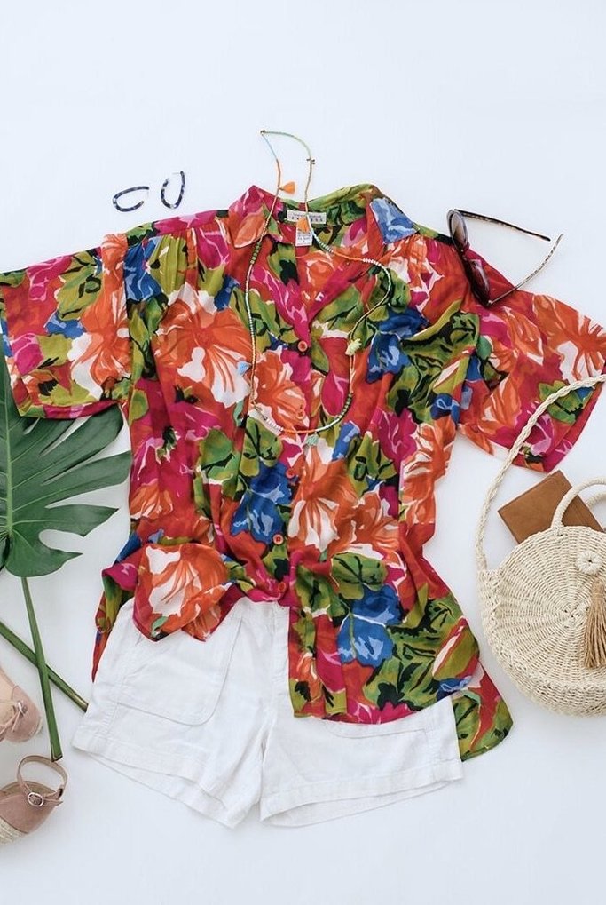 Vintage Red Cotton Gauze Floral Print Shirt-ThisBlueBird