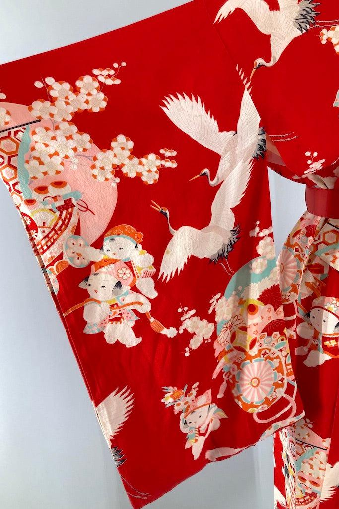 Vintage Red Cranes Silk Juban Kimono-ThisBlueBird