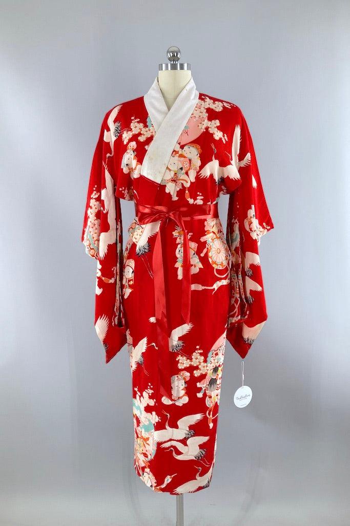 Vintage Red Cranes Silk Juban Kimono-ThisBlueBird