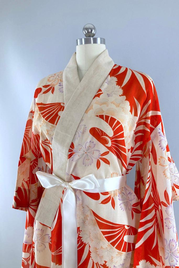 Vintage Red Orange Waves Summer Silk Kimono-ThisBlueBird