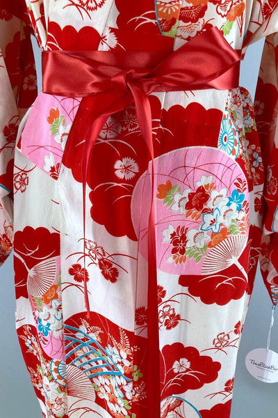 Vintage Red and Pink Fans Silk Juban Kimono-ThisBlueBird