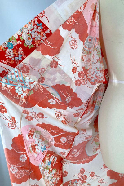 Vintage Red and Pink Fans Silk Juban Kimono-ThisBlueBird