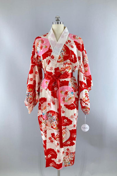 Vintage Red and Pink Fans Silk Juban Kimono-ThisBlueBird
