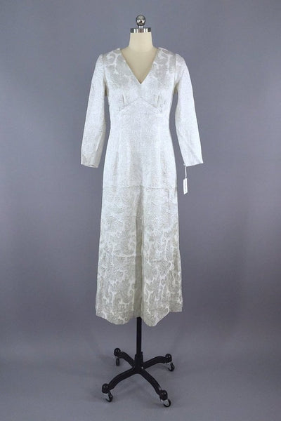 Vintage Silver Brocade Maxi Dress-ThisBlueBird