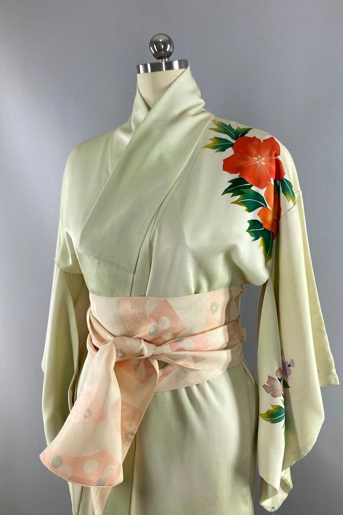 Vintage Spring Green & Orange Silk Kimono-ThisBlueBird
