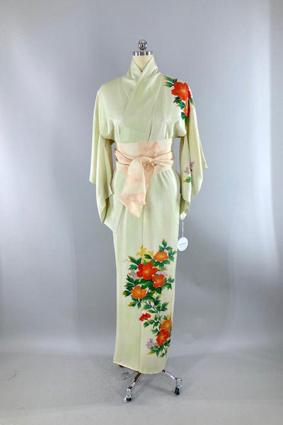 Vintage Spring Green & Orange Silk Kimono-ThisBlueBird