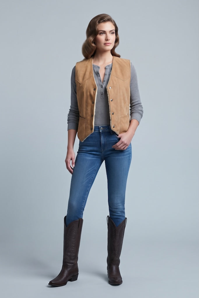 Vintage Suede Leather Vest with Sherpa Lining-Vintage Outerwear-ThisBlueBird