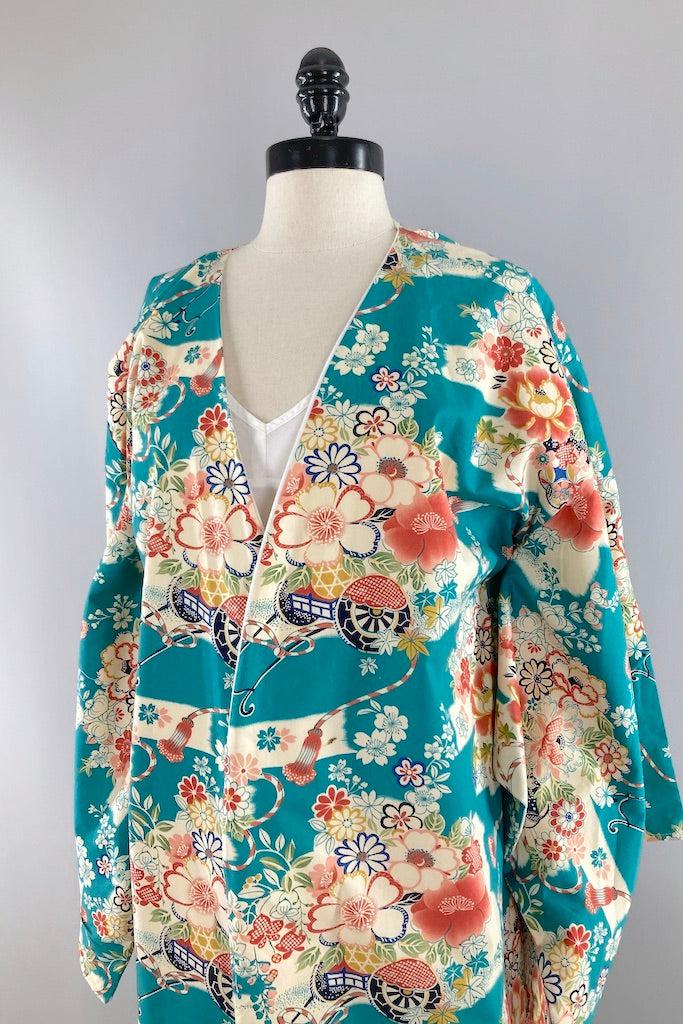 Vintage Turquoise Cotton Kimono Style Robe-ThisBlueBird