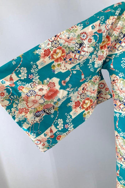 Vintage Turquoise Cotton Kimono Style Robe-ThisBlueBird