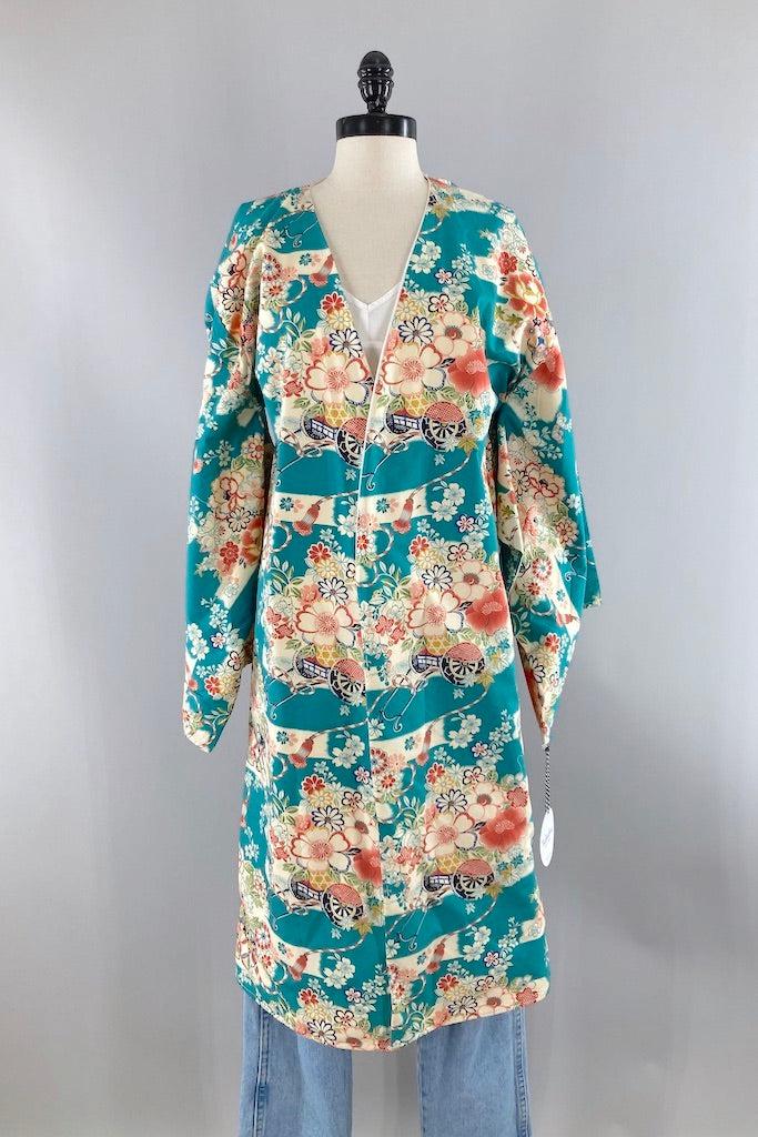Vintage Turquoise Cotton Kimono Style Robe-ThisBlueBird