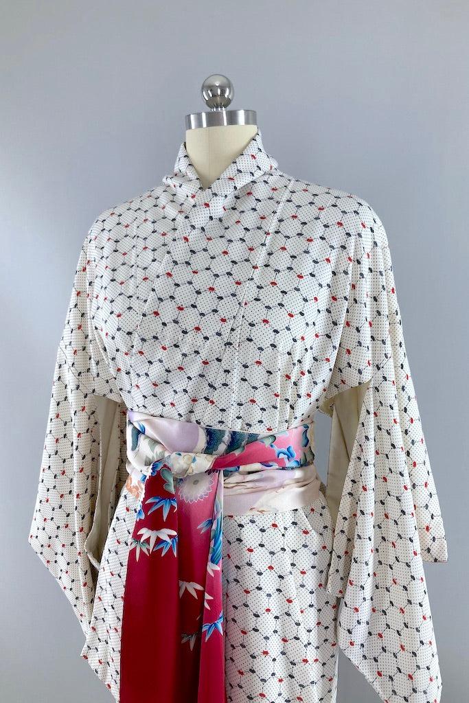 Vintage White & Blue Fans Print Silk Kimono-ThisBlueBird