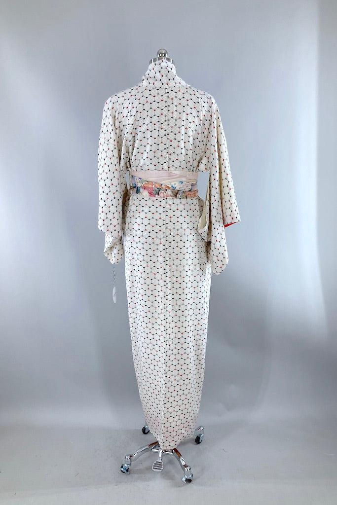 Vintage White & Blue Fans Print Silk Kimono-ThisBlueBird