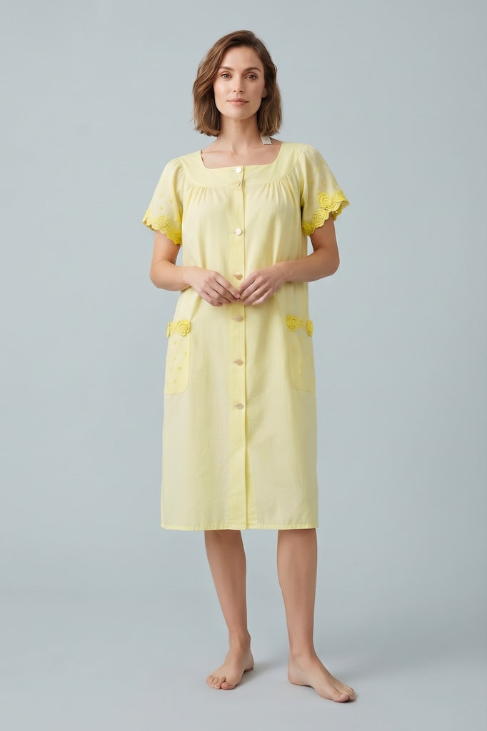 Vintage Yellow Embroidered Night Gown House Dress-ThisBlueBird