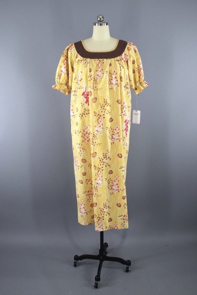 Vintage Yellow Ginger Hawaiian Print Caftan Dress-ThisBlueBird