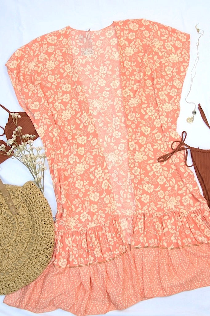 Apricot Floral Long Duster Kimono-ThisBlueBird