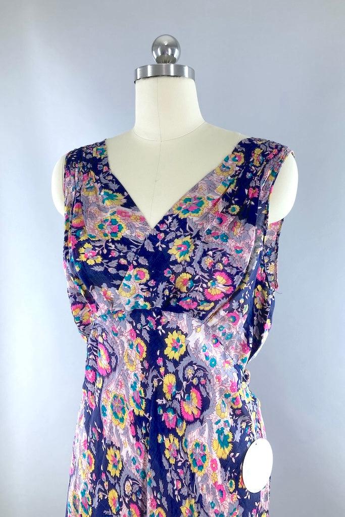 Blue Floral Print Silk Nightgown-ThisBlueBird