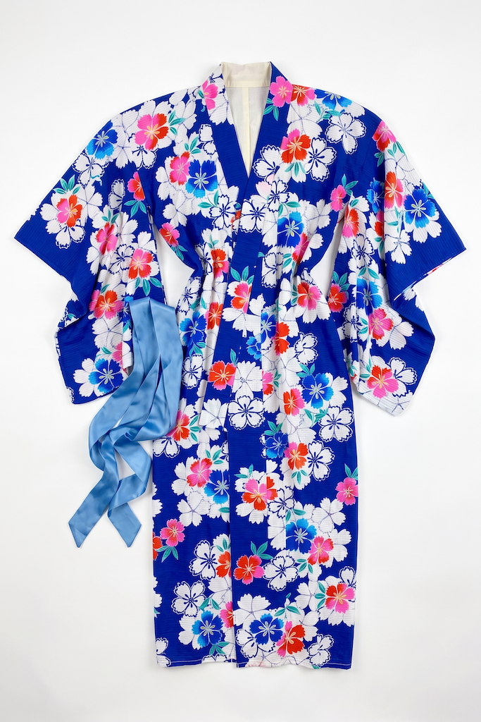 Blue & Pink Cotton Yukata Kimono Robe-ThisBlueBird