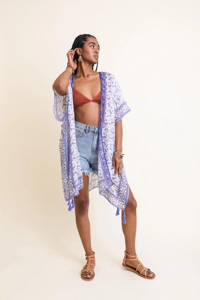 Blue &amp; White Paisley Duster Kimono-ThisBlueBird