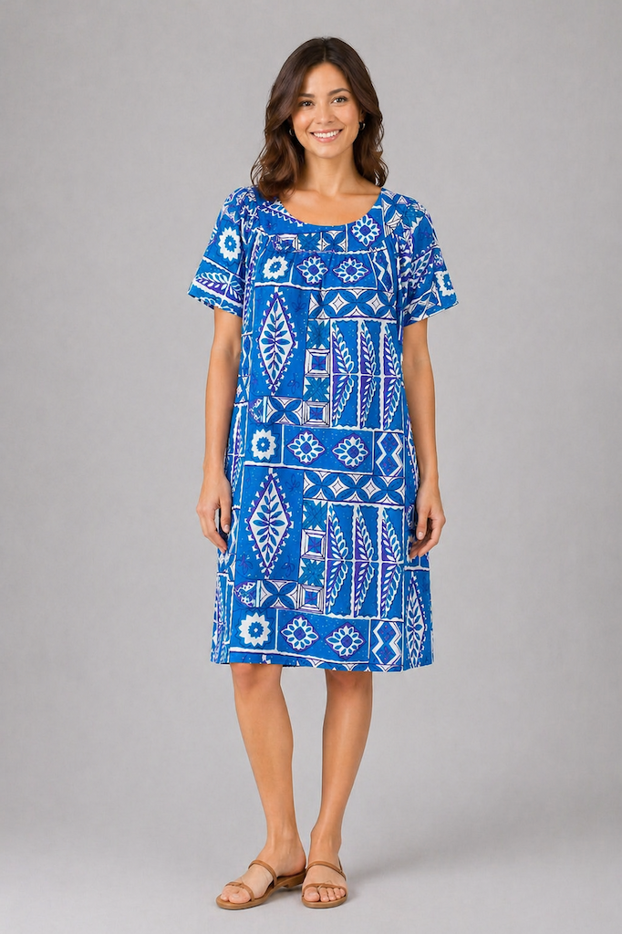 Vintage Blue Hawaiian Print Dress