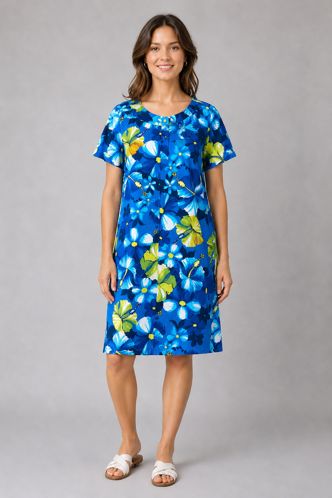 Vintage Blue &amp; Lime Floral Hawaiian Print Dress