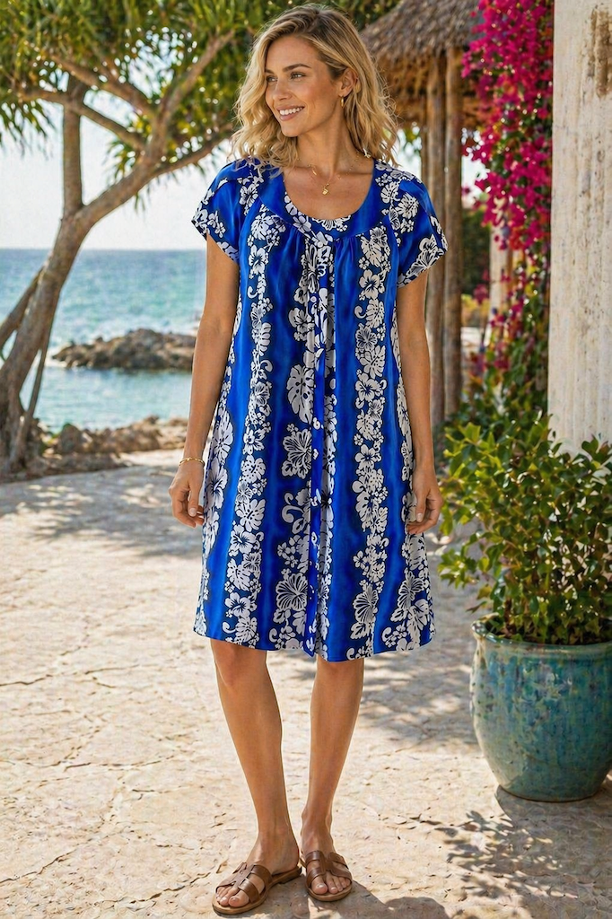 Vintage Blue Hawaiian Caftan Dress