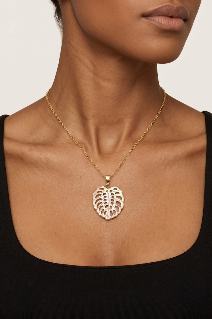 Carved Shell Monstera Leaf Necklace-ThisBlueBird