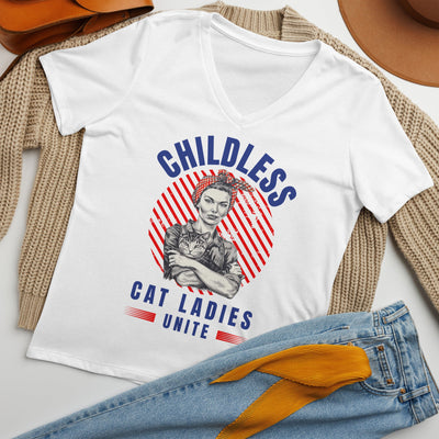 Childless Cat Ladies Unite! Women's V-Neck Tshirt-ThisBlueBird