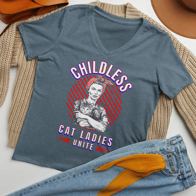 Childless Cat Ladies Unite! Women's V-Neck Tshirt-ThisBlueBird