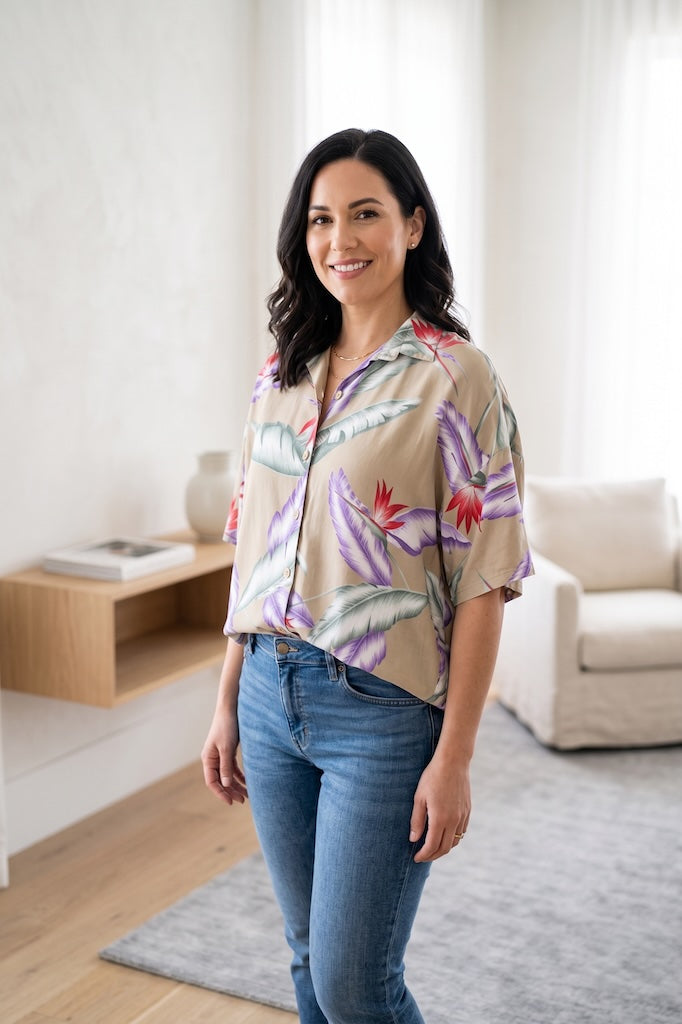 Vintage Tan Hawaiian Print Blouse