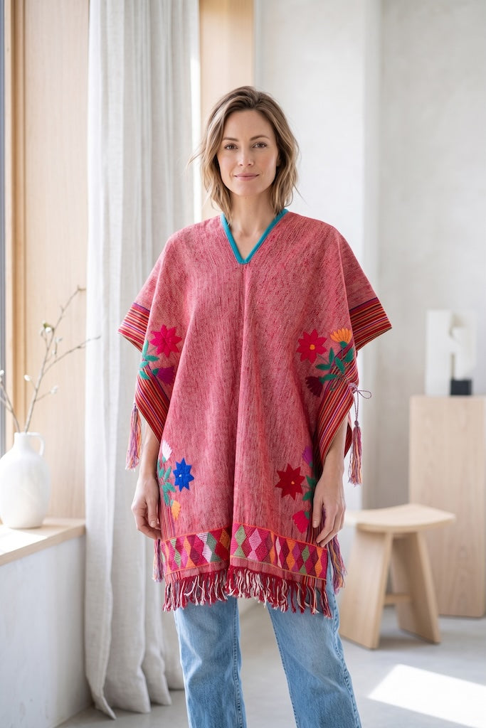Vintage Red Floral Embroidered Serape