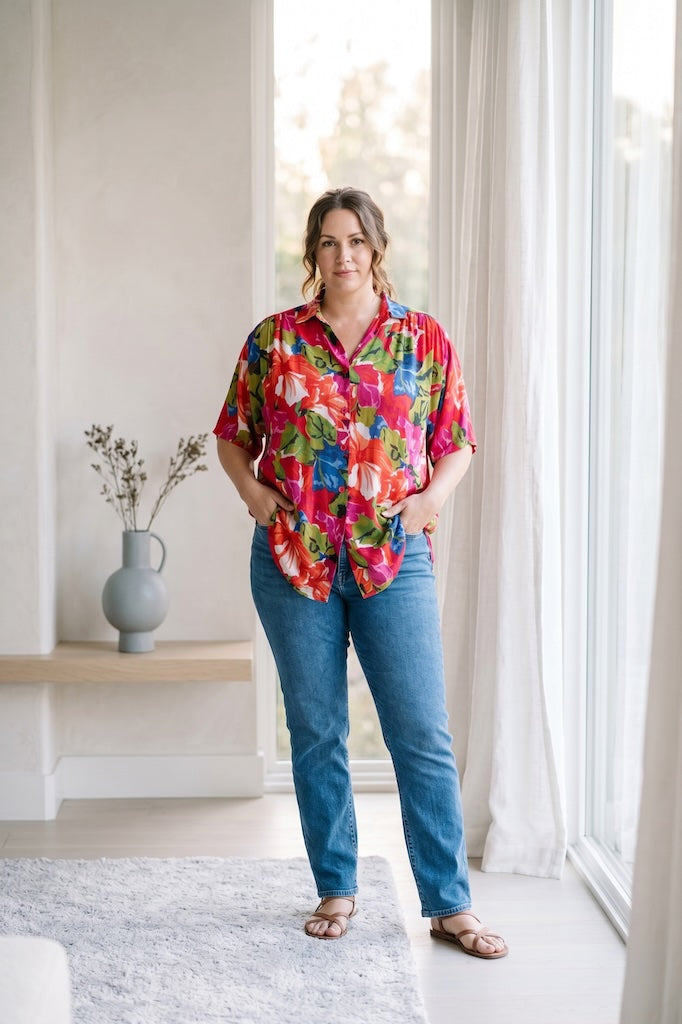 Vintage Red Cotton Gauze Floral Print Shirt