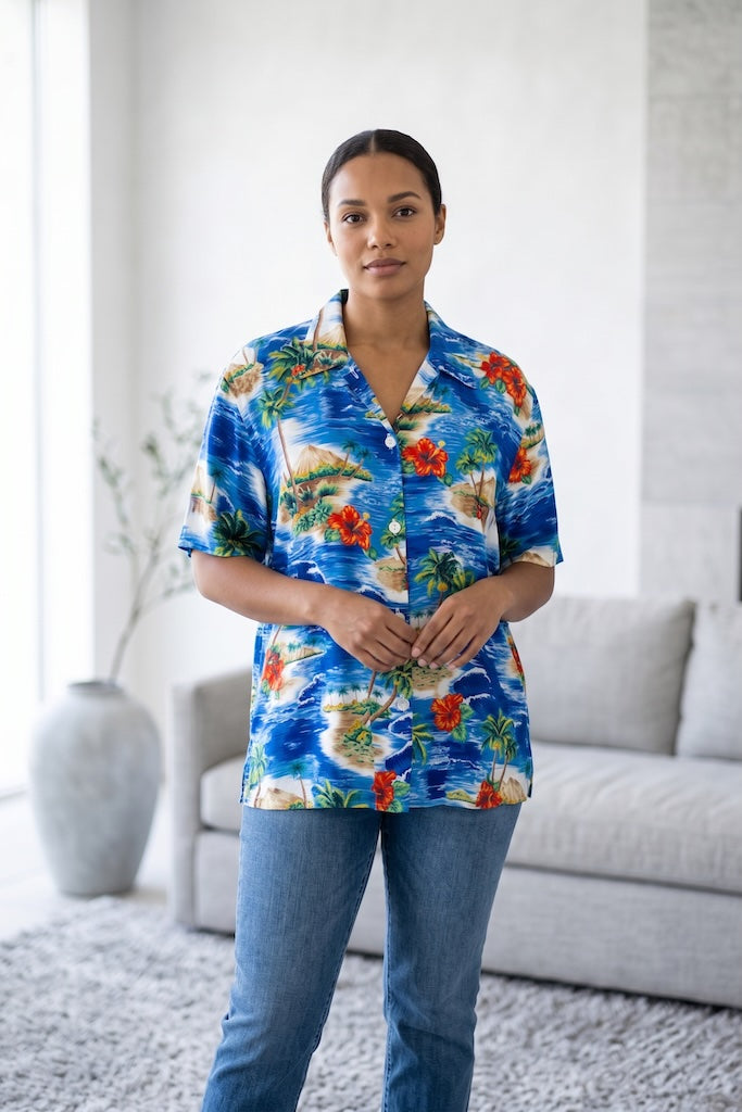 Vintage Blue Hawaiian Print Blouse
